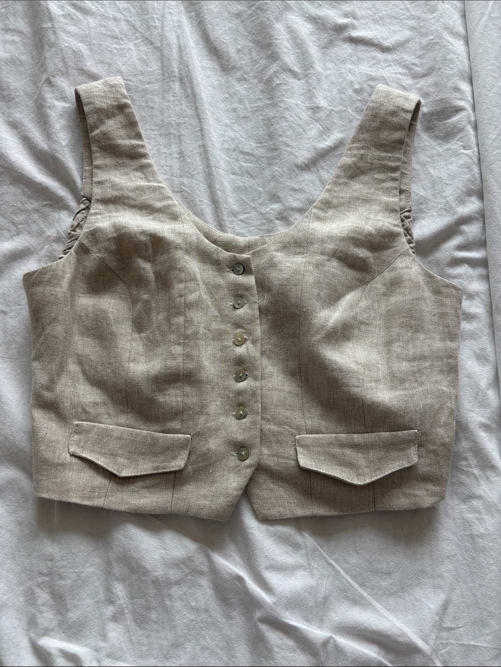 Linen-Blend Beige Crop Vest Top